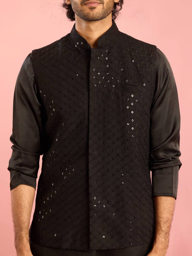 black 3-piece nehru jacket kurta pant set | sequin embroidered ethnic formal wear