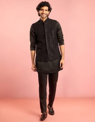 black 3-piece nehru jacket kurta pant set | sequin embroidered ethnic formal wear 3