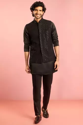 black 3-piece nehru jacket kurta pant set | sequin embroidered ethnic formal wear