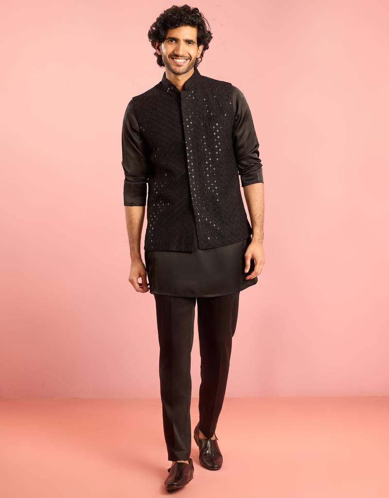 black 3-piece nehru jacket kurta pant set | sequin embroidered ethnic formal wear