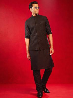black sequin embroidery nehru jacket with kurta pyjama set | 3-piece glamorous festive ethnic wear 1