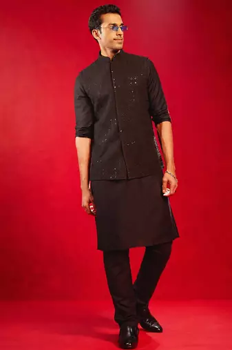 black sequin embroidery nehru jacket with kurta pyjama set | 3-piece glamorous festive ethnic wear
