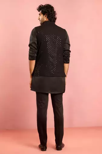 black 3-piece nehru jacket kurta pant set | sequin embroidered ethnic formal wear