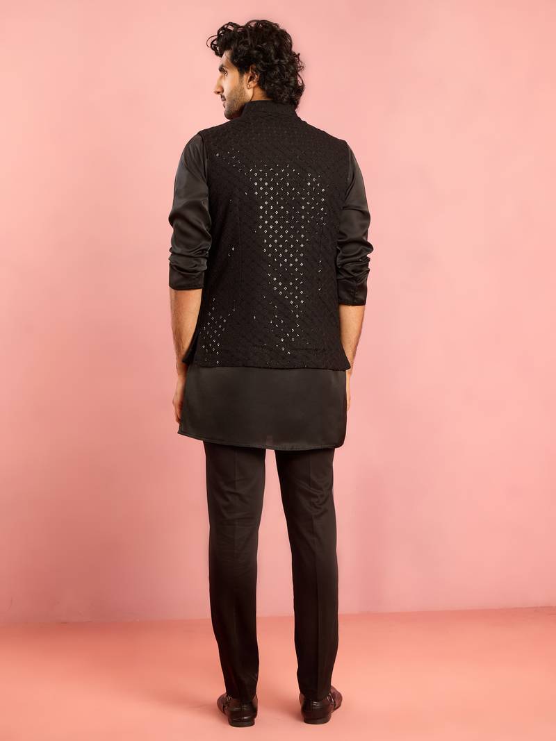 black 3-piece nehru jacket kurta pant set | sequin embroidered ethnic formal wear