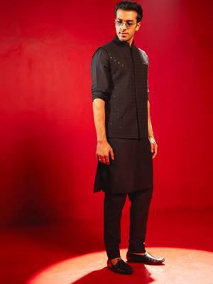 black sequin embroidery nehru jacket with kurta pyjama set | 3-piece glamorous festive ethnic wear 2