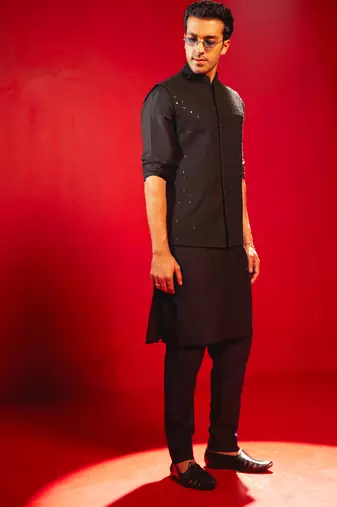 black sequin embroidery nehru jacket with kurta pyjama set | 3-piece glamorous festive ethnic wear