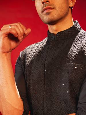 black sequin embroidery nehru jacket with kurta pyjama set | 3-piece glamorous festive ethnic wear 3