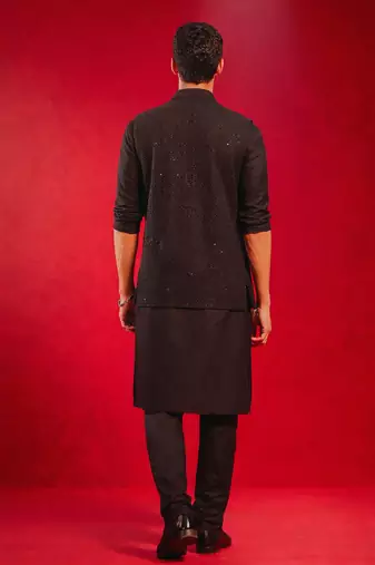 black sequin embroidery nehru jacket with kurta pyjama set | 3-piece glamorous festive ethnic wear