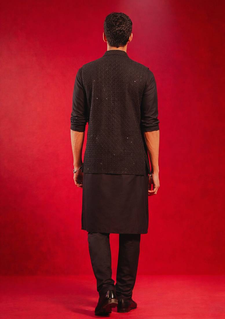 black sequin embroidery nehru jacket with kurta pyjama set | 3-piece glamorous festive ethnic wear
