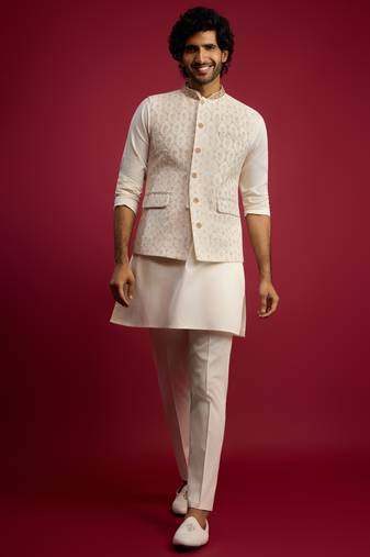 cream embroidered nehru jacket set with fine satin kurta & pant style pyjama | wedding formal wear