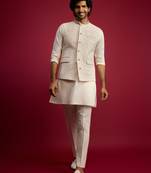 cream embroidered nehru jacket set with fine satin kurta & pant style pyjama | wedding formal wear