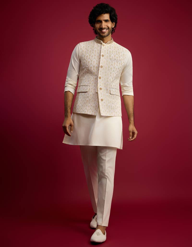 cream embroidered nehru jacket set with fine satin kurta & pant style pyjama | wedding formal wear