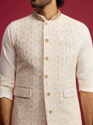 cream embroidered nehru jacket set with fine satin kurta & pant style pyjama | wedding formal wear 2