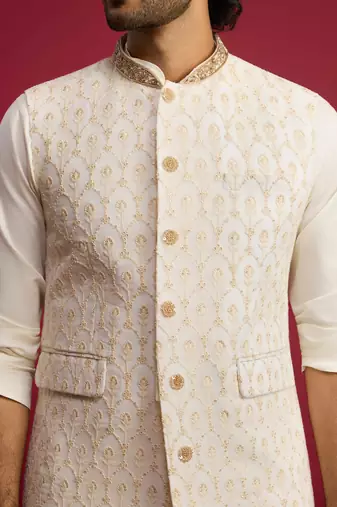 cream embroidered nehru jacket set with fine satin kurta & pant style pyjama | wedding formal wear