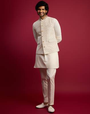 cream embroidered nehru jacket set with fine satin kurta & pant style pyjama | wedding formal wear 3