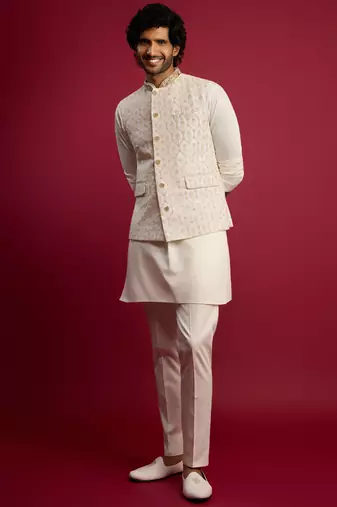 cream embroidered nehru jacket set with fine satin kurta & pant style pyjama | wedding formal wear