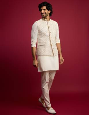 cream embroidered nehru jacket set with fine satin kurta & pant style pyjama | wedding formal wear 4
