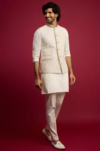 cream embroidered nehru jacket set with fine satin kurta & pant style pyjama | wedding formal wear