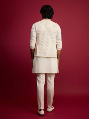 cream embroidered nehru jacket set with fine satin kurta & pant style pyjama | wedding formal wear 5