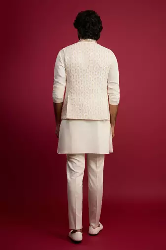 cream embroidered nehru jacket set with fine satin kurta & pant style pyjama | wedding formal wear