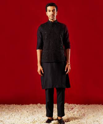 black quilted cutdana work nehru jacket with kurta pyjama set | 3-piece luxury festive ethnic wear 1