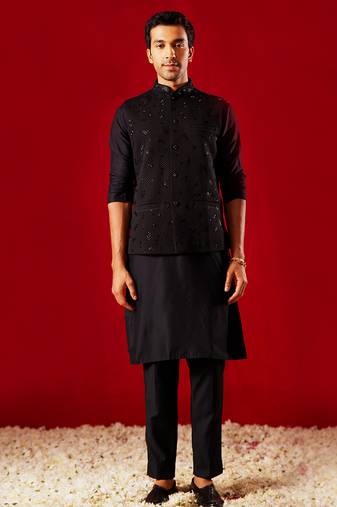 black quilted cutdana work nehru jacket with kurta pyjama set | 3-piece luxury festive ethnic wear