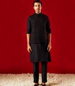 black quilted cutdana work nehru jacket with kurta pyjama set | 3-piece luxury festive ethnic wear