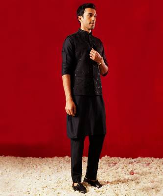 black quilted cutdana work nehru jacket with kurta pyjama set | 3-piece luxury festive ethnic wear 2