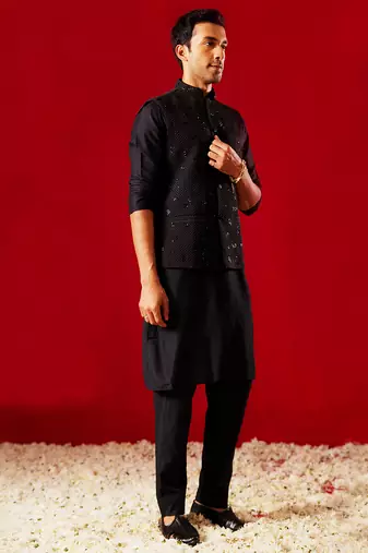 black quilted cutdana work nehru jacket with kurta pyjama set | 3-piece luxury festive ethnic wear