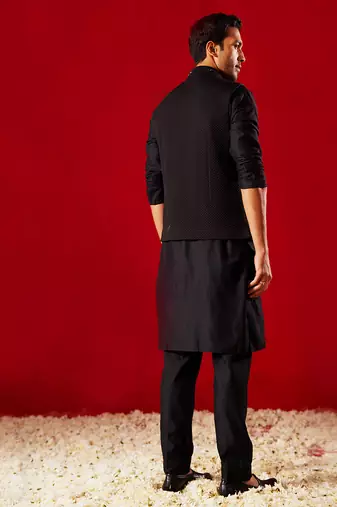 black quilted cutdana work nehru jacket with kurta pyjama set | 3-piece luxury festive ethnic wear