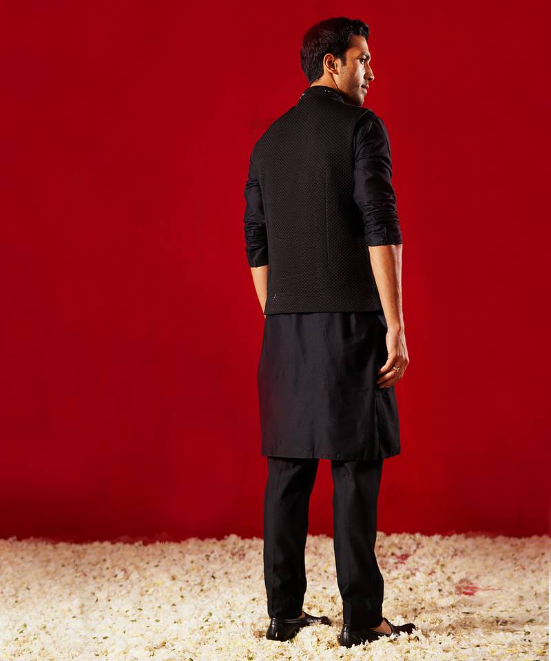black quilted cutdana work nehru jacket with kurta pyjama set | 3-piece luxury festive ethnic wear