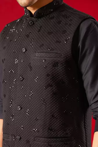 black quilted cutdana work nehru jacket with kurta pyjama set | 3-piece luxury festive ethnic wear