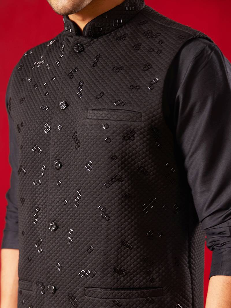 black quilted cutdana work nehru jacket with kurta pyjama set | 3-piece luxury festive ethnic wear