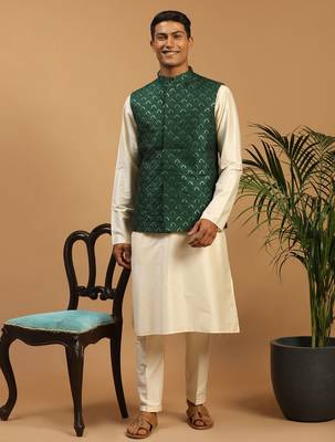 green embroidered nehru jacket set with cream silk blend kurta & viscose pyjama | wedding festive wear 1