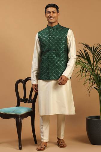 green embroidered nehru jacket set with cream silk blend kurta & viscose pyjama | wedding festive wear