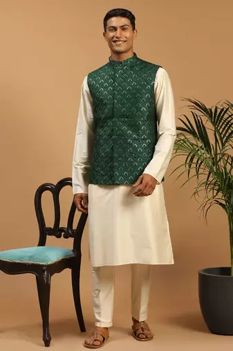 green embroidered nehru jacket set with cream silk blend kurta & viscose pyjama | wedding festive wear