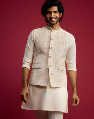 cream embroidered georgette nehru jacket | wedding festive wear 1