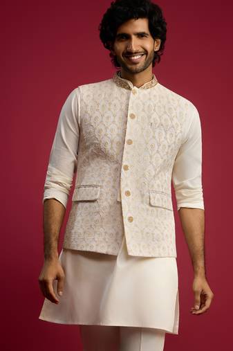 cream embroidered georgette nehru jacket | wedding festive wear