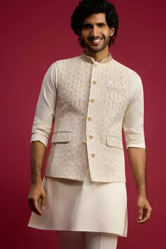 cream embroidered georgette nehru jacket | wedding festive wear