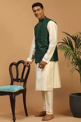 green embroidered nehru jacket set with cream silk blend kurta & viscose pyjama | wedding festive wear