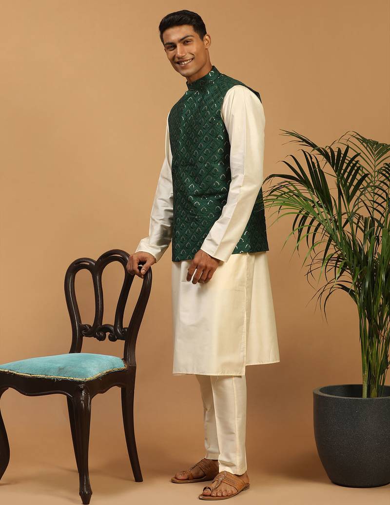 green embroidered nehru jacket set with cream silk blend kurta & viscose pyjama | wedding festive wear