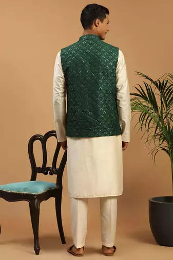 green embroidered nehru jacket set with cream silk blend kurta & viscose pyjama | wedding festive wear