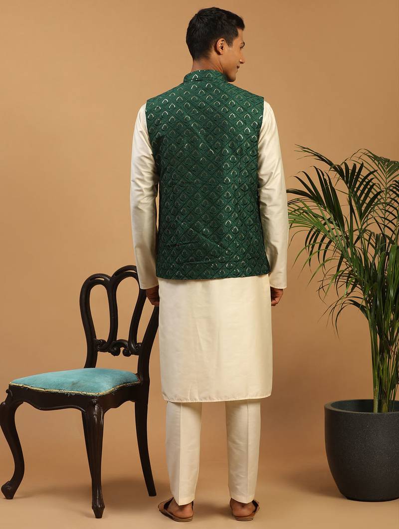 green embroidered nehru jacket set with cream silk blend kurta & viscose pyjama | wedding festive wear