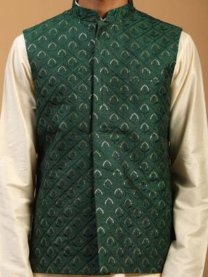 green embroidered nehru jacket set with cream silk blend kurta & viscose pyjama | wedding festive wear 4