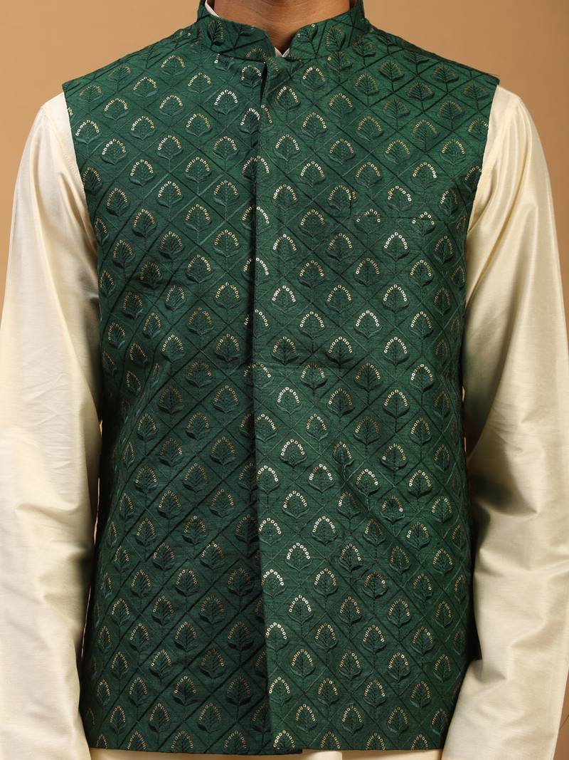 green embroidered nehru jacket set with cream silk blend kurta & viscose pyjama | wedding festive wear