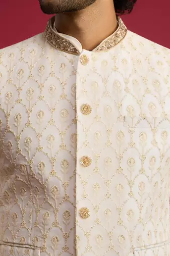 cream embroidered georgette nehru jacket | wedding festive wear