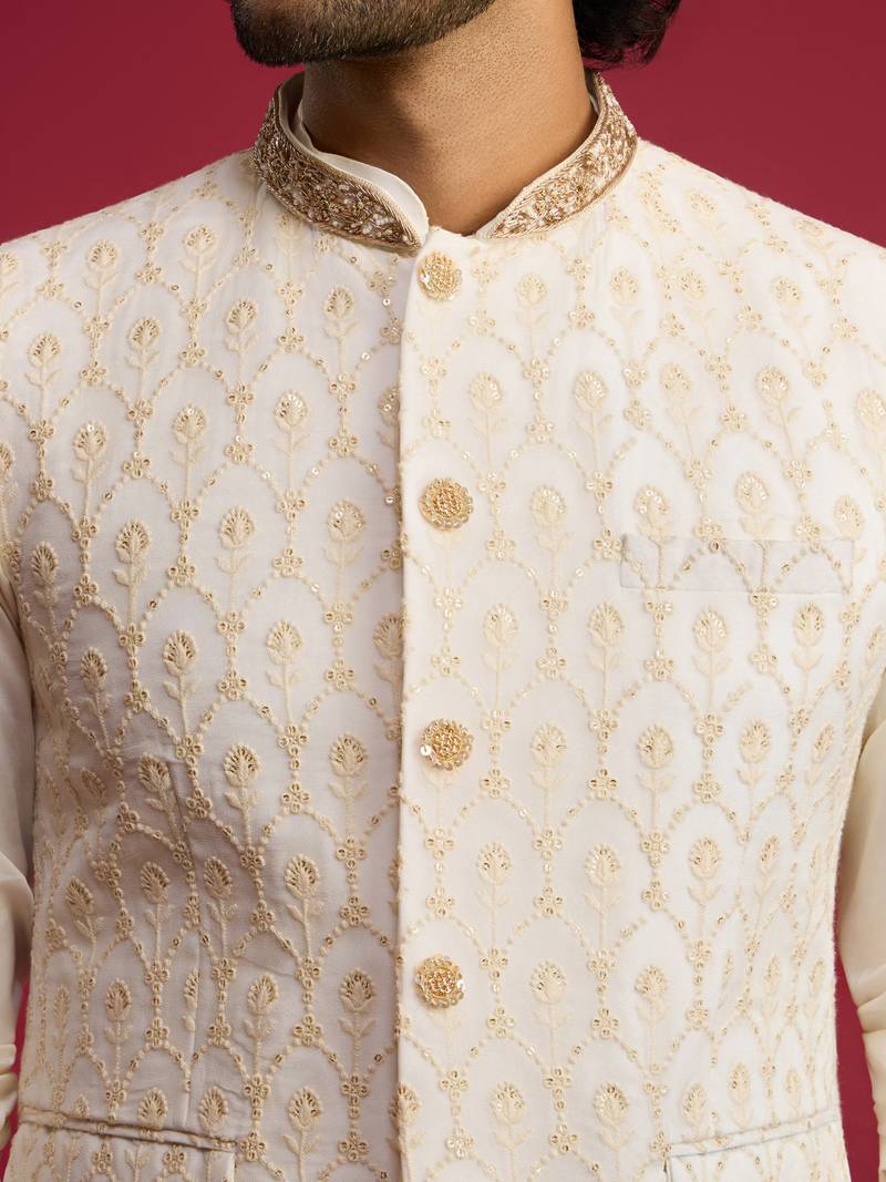 cream embroidered georgette nehru jacket | wedding festive wear
