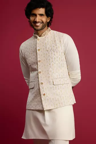 cream embroidered georgette nehru jacket | wedding festive wear