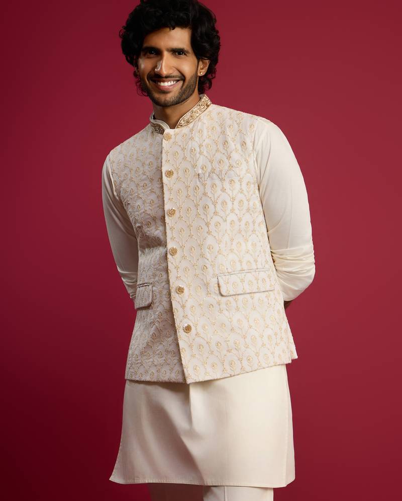 cream embroidered georgette nehru jacket | wedding festive wear