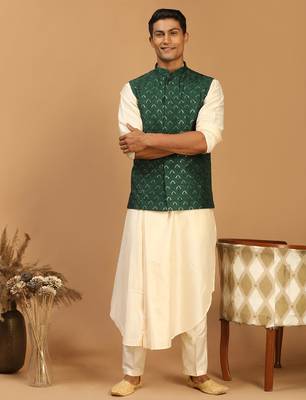 green embroidered nehru jacket set with cream self design kurta & viscose pyjama | wedding festive wear 1